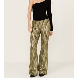 FREE PEOPLE Wilder Days Women's Size 6 Sequin Flare Pants Gold/Olive New Tags